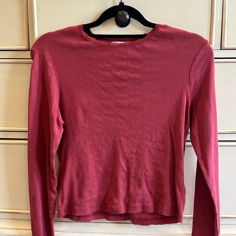 Item: Red long sleeve top, Brand: Topshop, Size: 10 (but fits like a S/M)